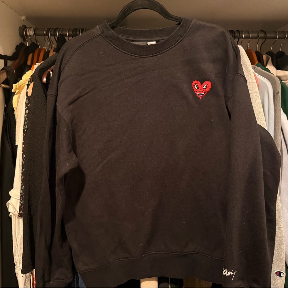 H&M Black Crewneck Sweater with Red Heart Embroidery